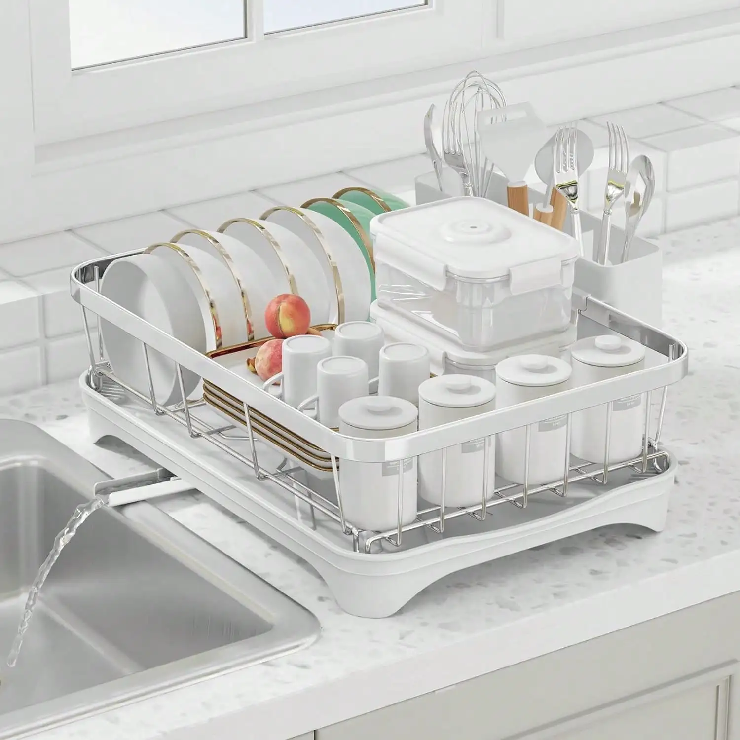 

Dish Drying Rack 304 Stainless Steel Dish Rack With Drainboard,Space Spaving Auto-Draining Drying Racks