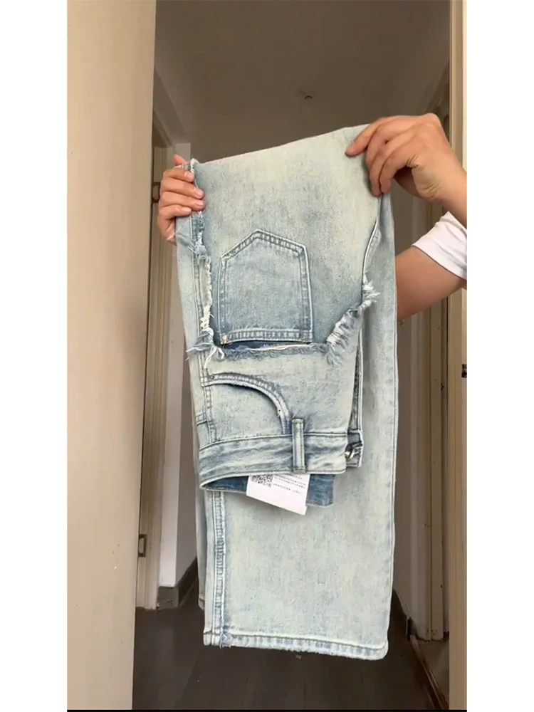 Retro High Street Wide Leg Denim Jeans Women's Spring Autumn Frayed Large Size Loose Straight High Waist Floor-Length Pants