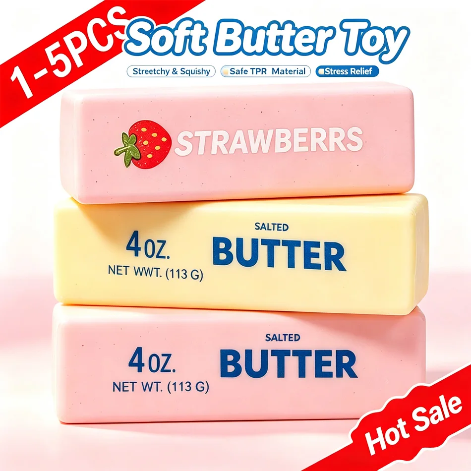 2026 New Soft Butter Squishy Toy, 1-5 PCS Cute Strawberry Butter Bar Stress Relief Toy, Stretchy & Squishy Safe TPR Material