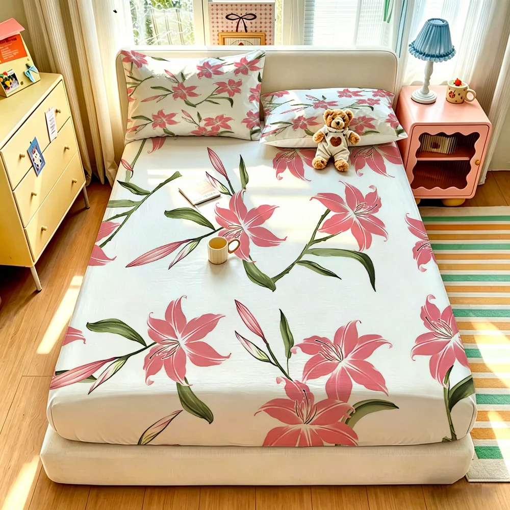 3pcs(1 duvet cover + 2 pillowcases, coreless)with a pink lily flower pattern bedding set, available in multiple sizes