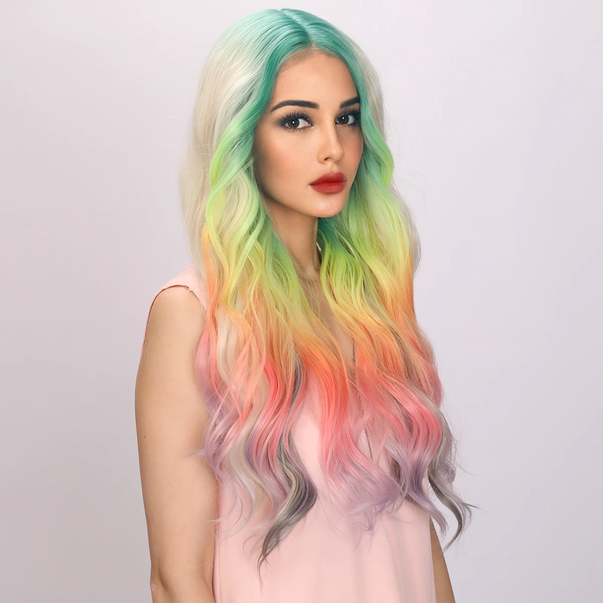 Smilco Omber Rainbow Colorful Middle Part Wavy Bob Wigs For Women Synthetic Curly Wig Cosplay Daily Party Heat Reisitant Hair