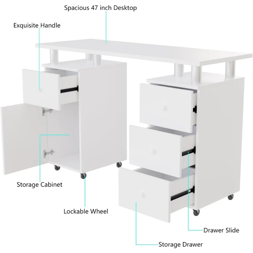 Bureau à ongles pour module d'ongle, table de manucure avec égouts de proximité, coussretours de poignet, roues verrouillables, station d'art d'ongle à degrés d'acétone, 47 po