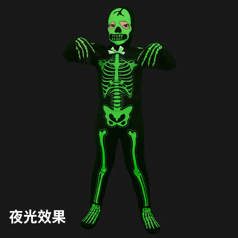 2025 Halloween Cosplay Costume Summer European and American Children's Black Glow in the Dark Skeleton Outfit Dressing App