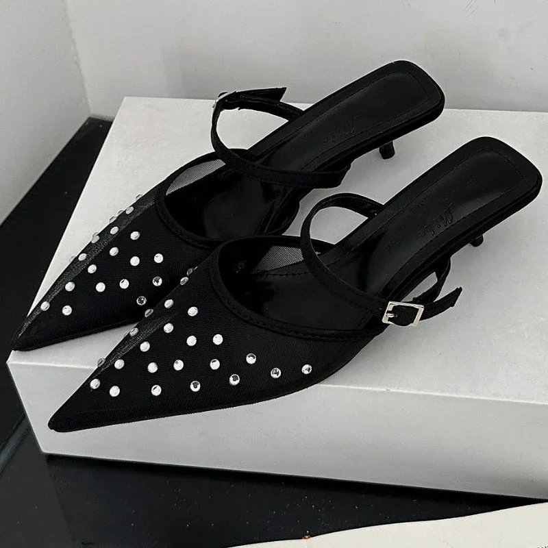 

Mesh Rhinestone High Heeled Sandals Women Breathable Summer Pointed Toe Pumps Mules Ladies Designer Brand Slippers Women Slides