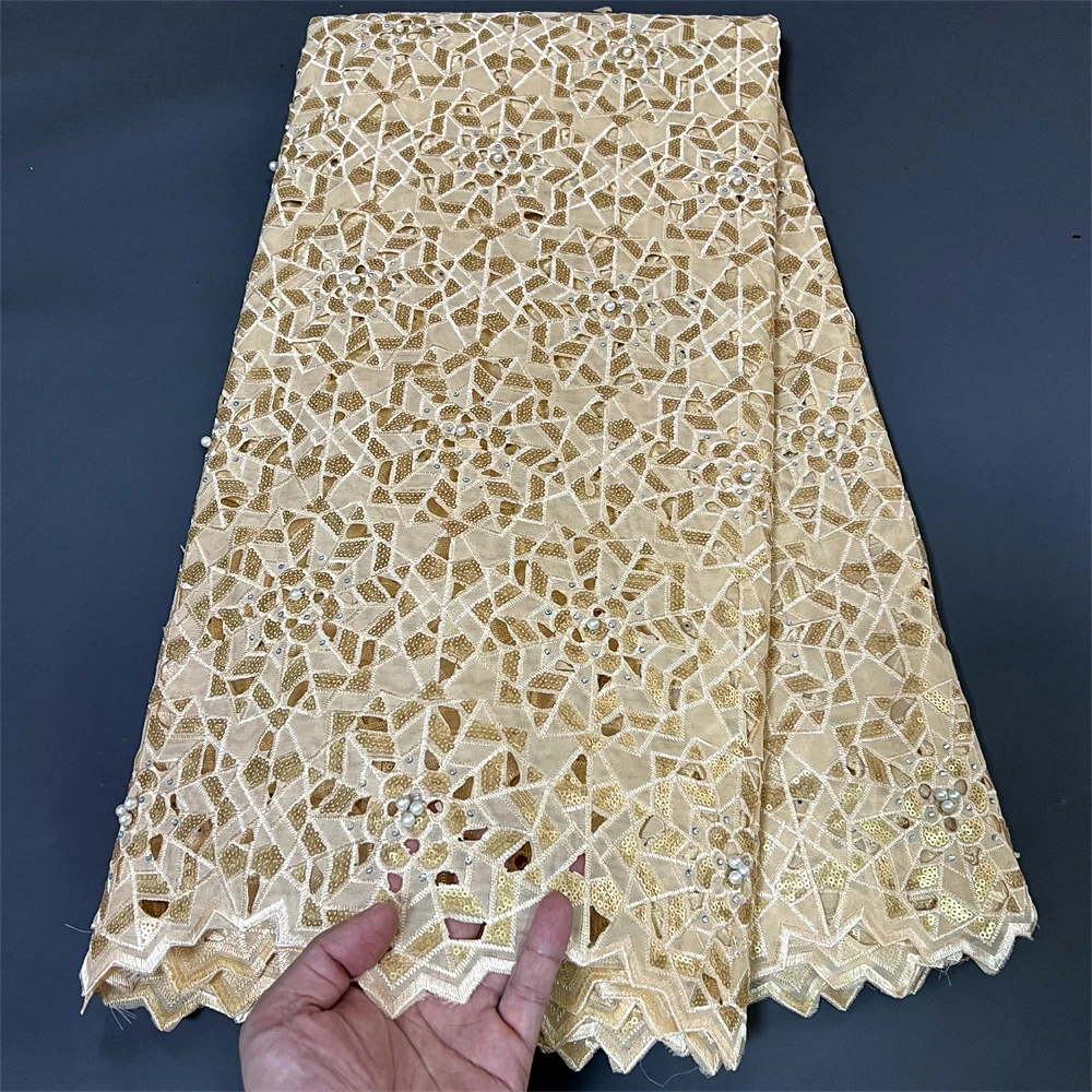 2023High Quality African Nigerian Guipure Tulle Lace Fabric Embroidery Organza  Party Gown Dress Sequins Wedding 5Yard PS0001