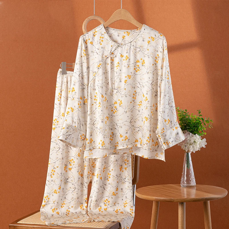 Chinese Print Heavyweight Silk Pajamas Set 100% Mulberry Silk Knot Button Loungewear Women Long Pants Sleepwear Suit