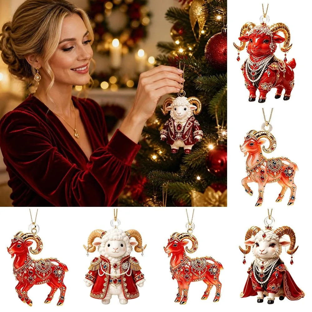 2D Flat Goat Hanging Ornament Acrylic Shining Goat Pendant Artificial Rhinestone Simulation Christmas Tree Ornament