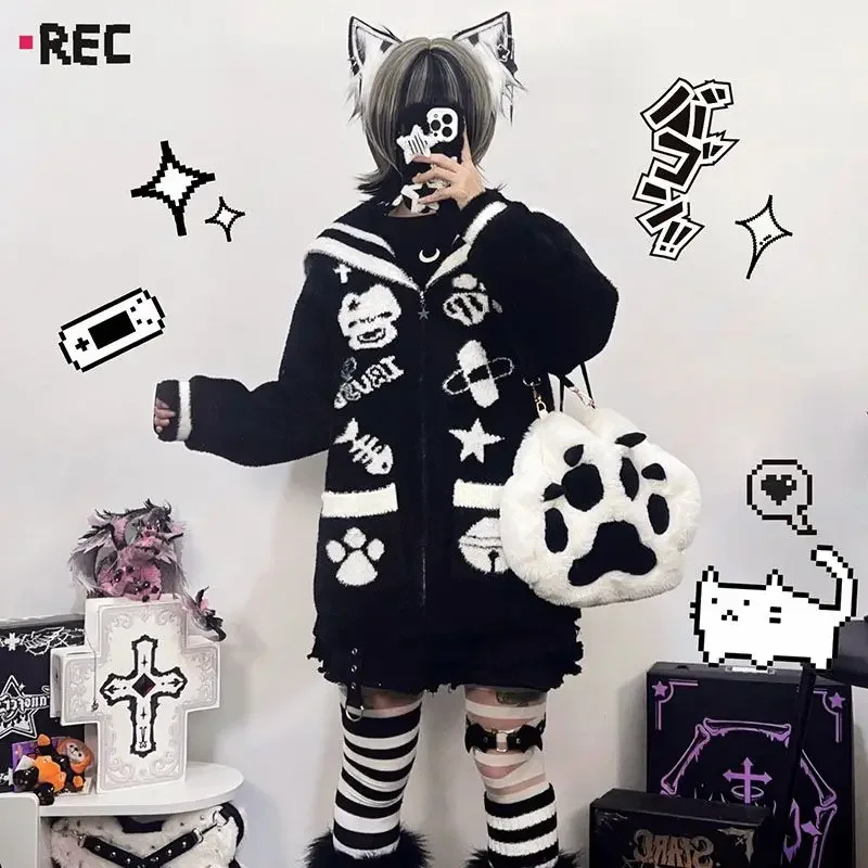 Harajuku Japanese Black White Cute Furry Sailor Neck Sweater Loose Punk Women's Autumn Winter Jacket Coat Hoodie Sweatshirt