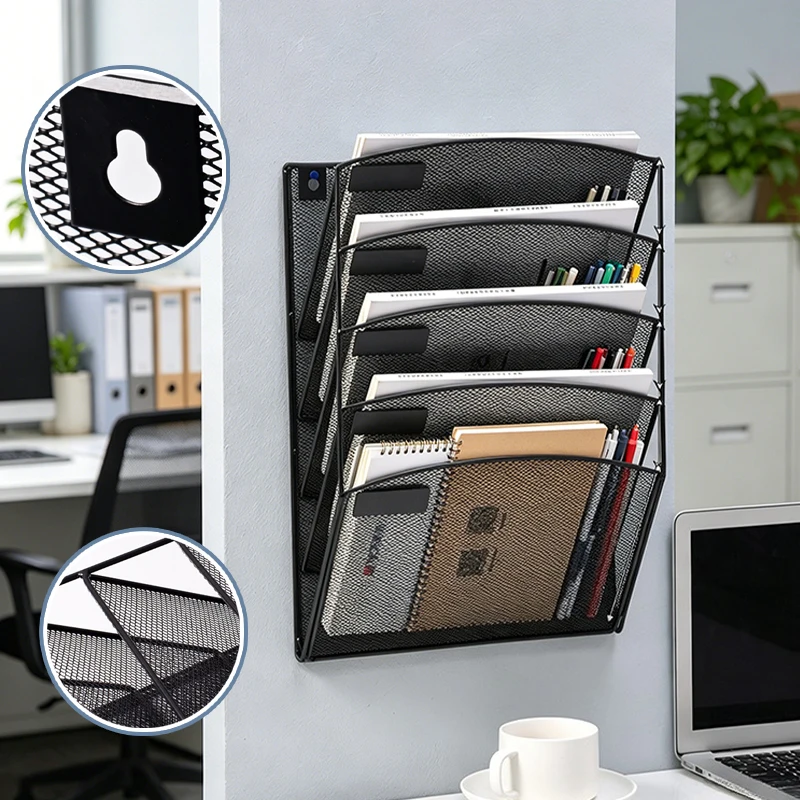 

Multi-purpose Wall-mounted Organizer Breathable Mesh Design No-drill or Drilling Installation Document Rack for Desk Wall Use