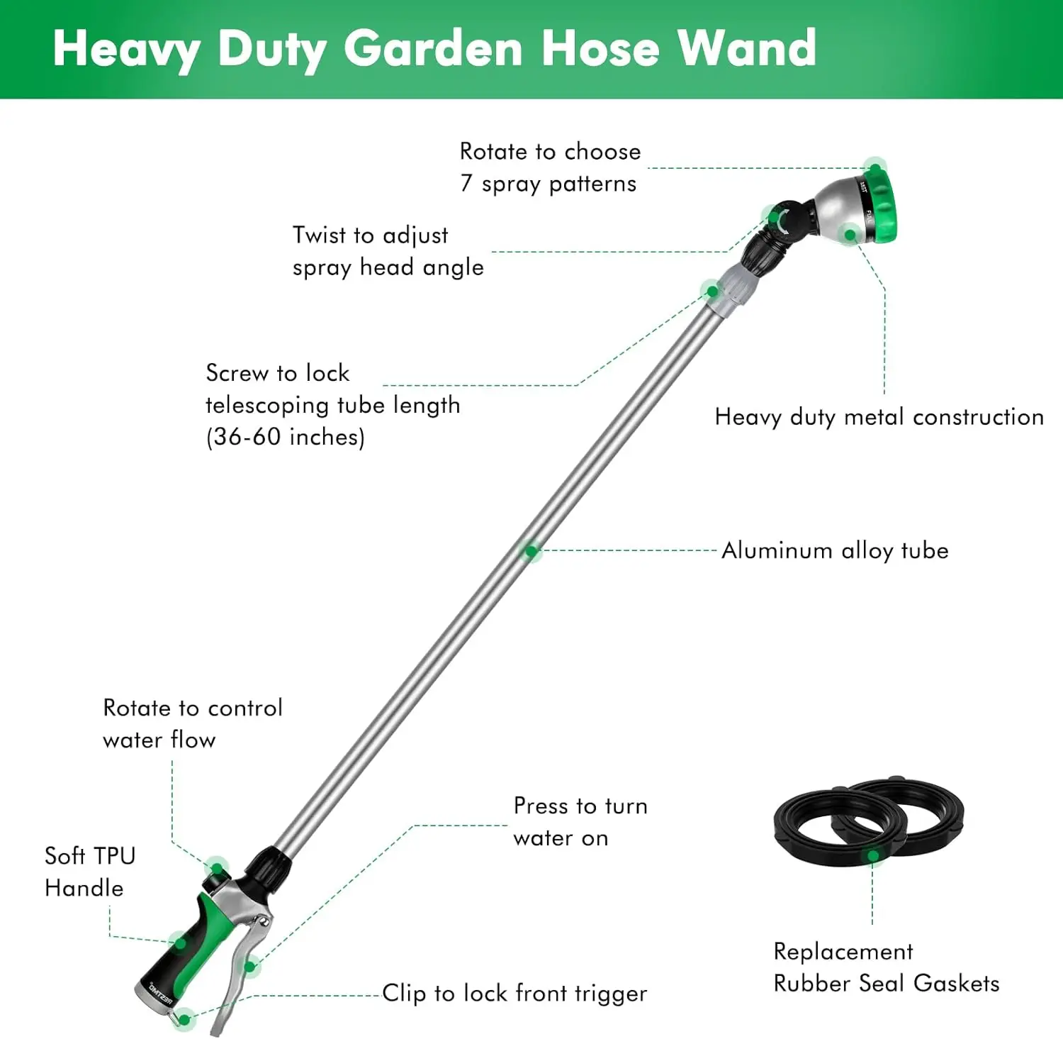 36”-60” (3ft-5ft) Metal Watering Wand Long Telescopic Tube | 180° Adjustable Ratcheting Head | 7 Spray Patterns | Flow