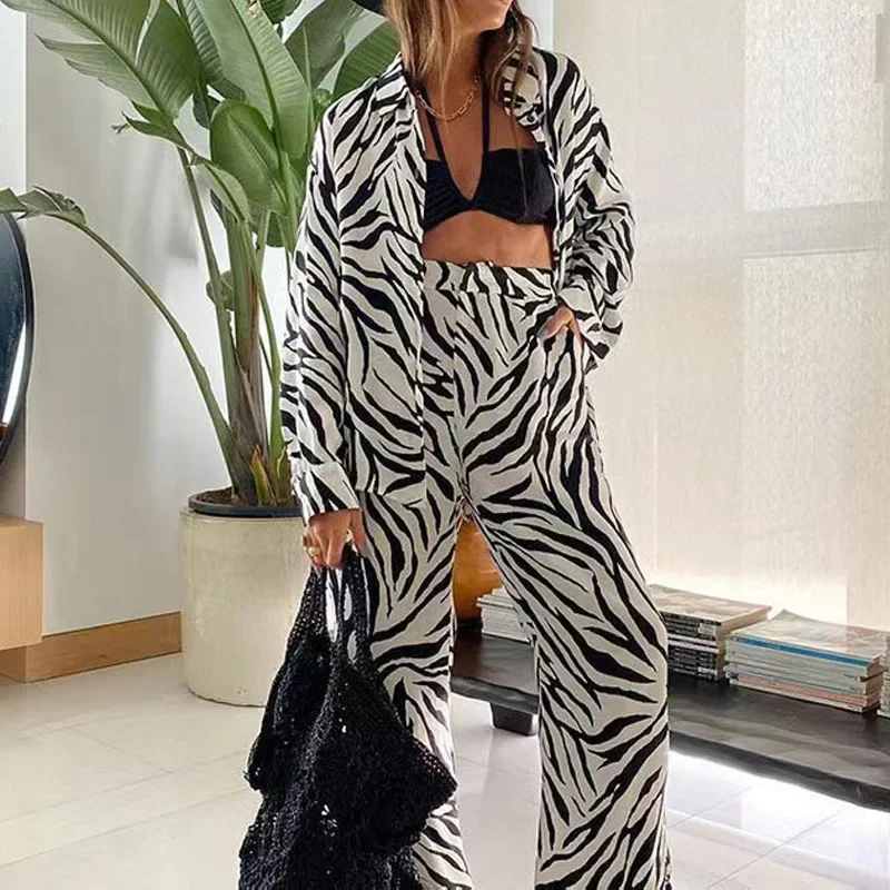 New Arrivals Sense Design 2024 Spring Summer New Women's Clothing Vacation Style Printed Cardigan Loose Wide Leg Leisure Two-P