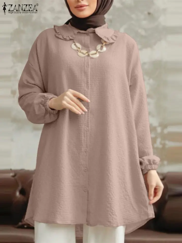 ZANZEA-Camisa muçulmana monocromática de manga comprida para mulheres, gola lapela, blusa casual, Dubai, Turquia, Abaya, Hijab, roupas islâmicas