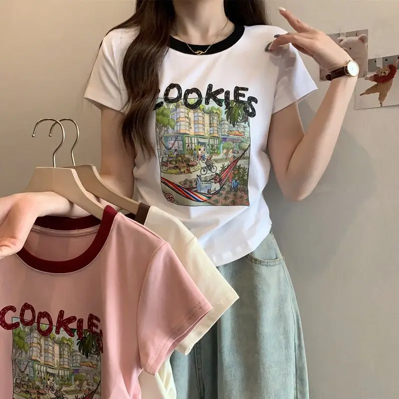 Women Summer Korean Simplicity Loose Printing Letter Letter Pink Cotton O-neck Soft Short Sleeve Women Clothes Tee Shirt Top Tee