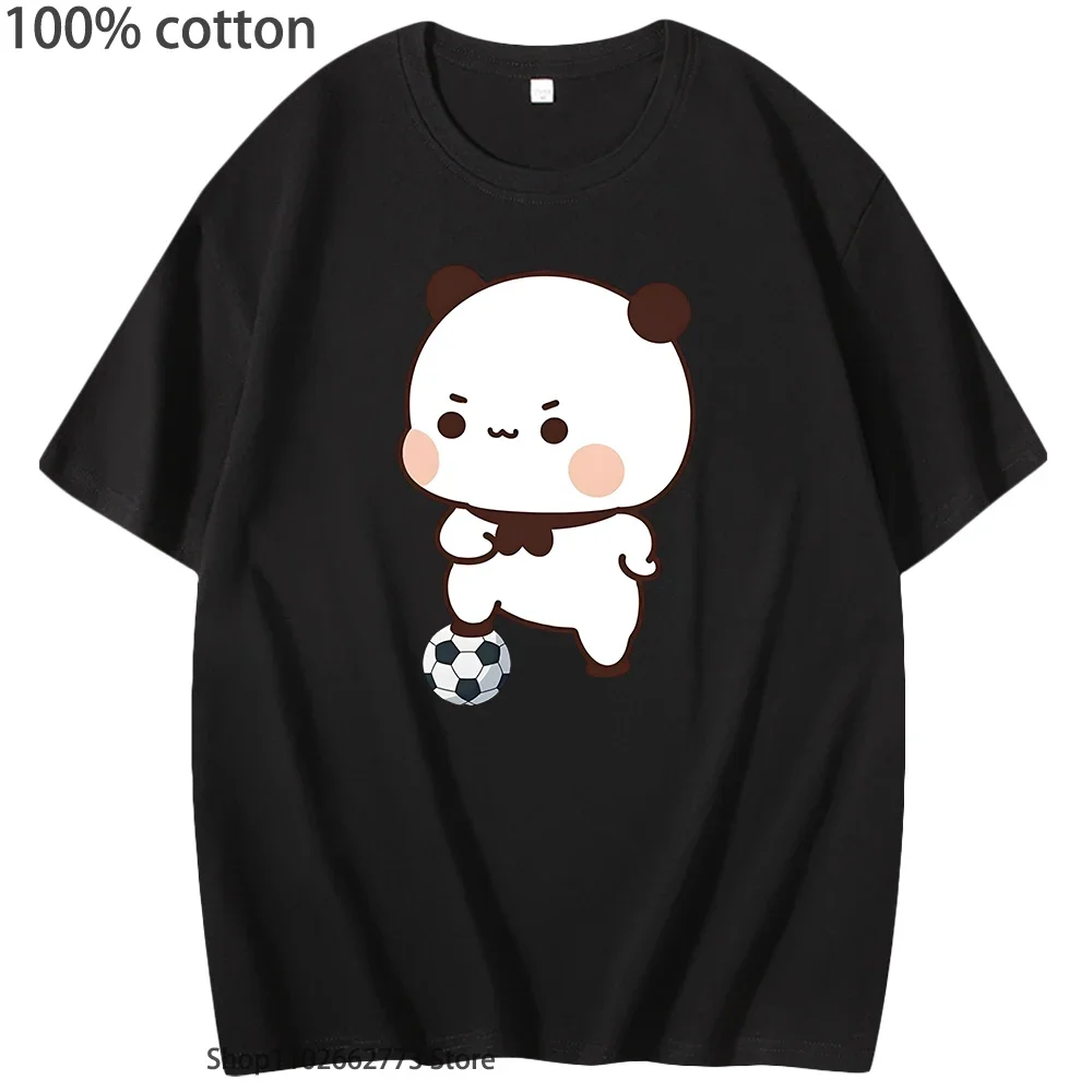 Urocze koszulki z Bubu grającego w piłkę nożną, kawaii, urocze koszulki z grafiką pandy, damskie koszulki, męskie koszulki, 100% bawełna, letnie, codzienne topy.