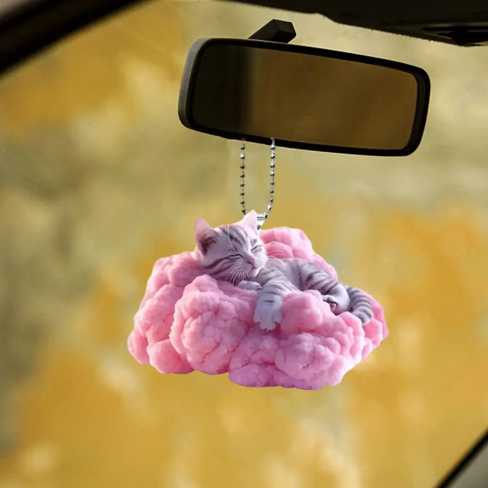 Cat RearView Mirror Pendant 2D Flat Acrylic Cat Car Decoration Pendant Lying On Pink Clouds Auto Interior Car Pendant Charm