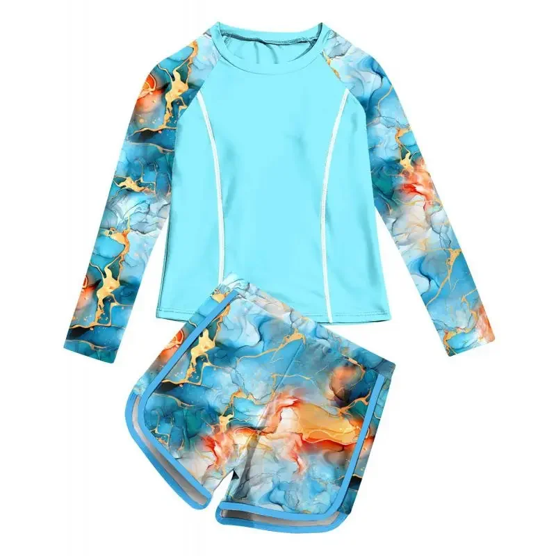 

Children Girls Two Piece Swimsuit Long Sleeve Top Short Set Beach Printed Girls Swimwear UV Protection Beachwear Bathing Suit
