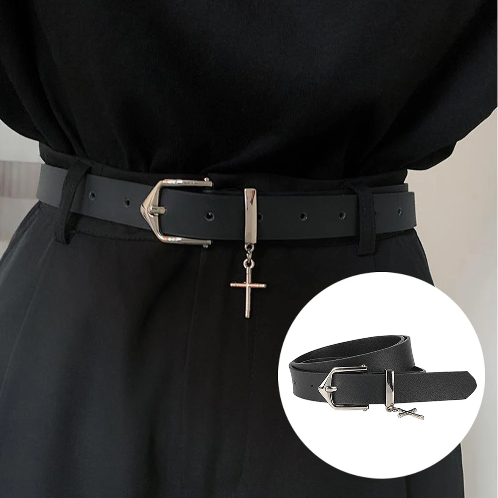 

Jeans Pants Decorative Waistband Pointed Metal Pin Buckle Metal Cross Pendant Belt Fashion Simple Gothic Casual Black Waist Belt