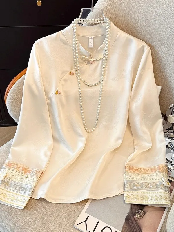 

New Chinese Style Long Sleeve Satin Patchwork Button Front Women's Shirt Autumn Fashionable Inner And Outer Wear Base Shirt