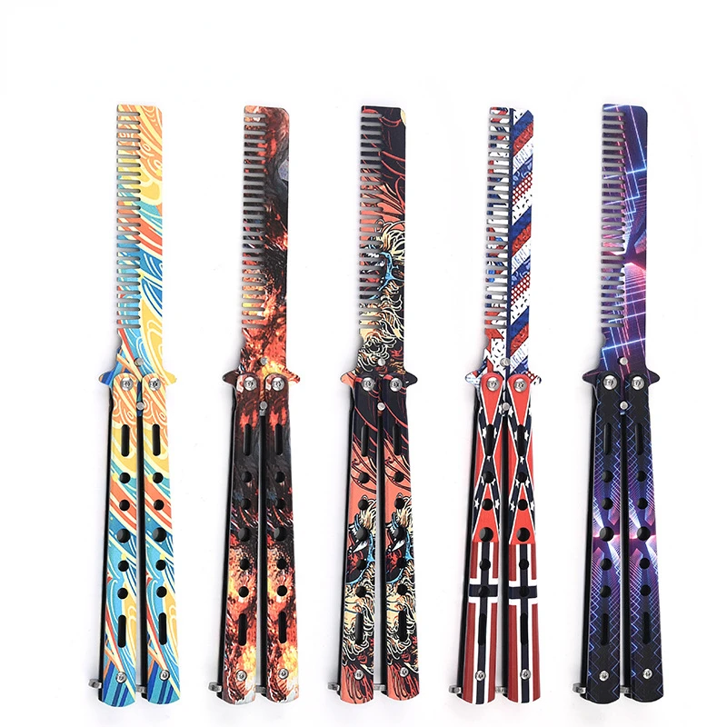 Stainless Steel Foldable Comb Practice Training Butterfly Knife Comb Beard Moustache Brushes Hairdressing Styling Tool