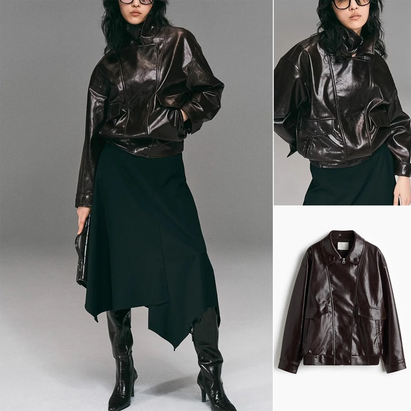 เสื้อโค้ทหนังเคลือบผู้หญิงสไตล์อเมริกัน แขนยาว ปกพับได้ รุ่นใหม่ล่าสุดสำหรับฤดูใบไม้ร่วงและฤดูหนาว