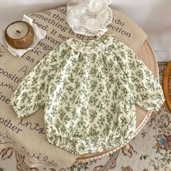 Spring new baby clothing, 0-3 year old girl baby small lace collar printed long sleeved jumpsuit jumpsuit