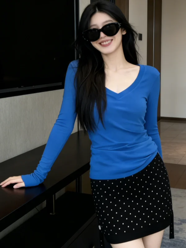 Korean Style Long Sleeve Slim Fit V-Neck T-Shirt Women's Spring Summer Sun Protection Versatile Top City Walk Casual Wear