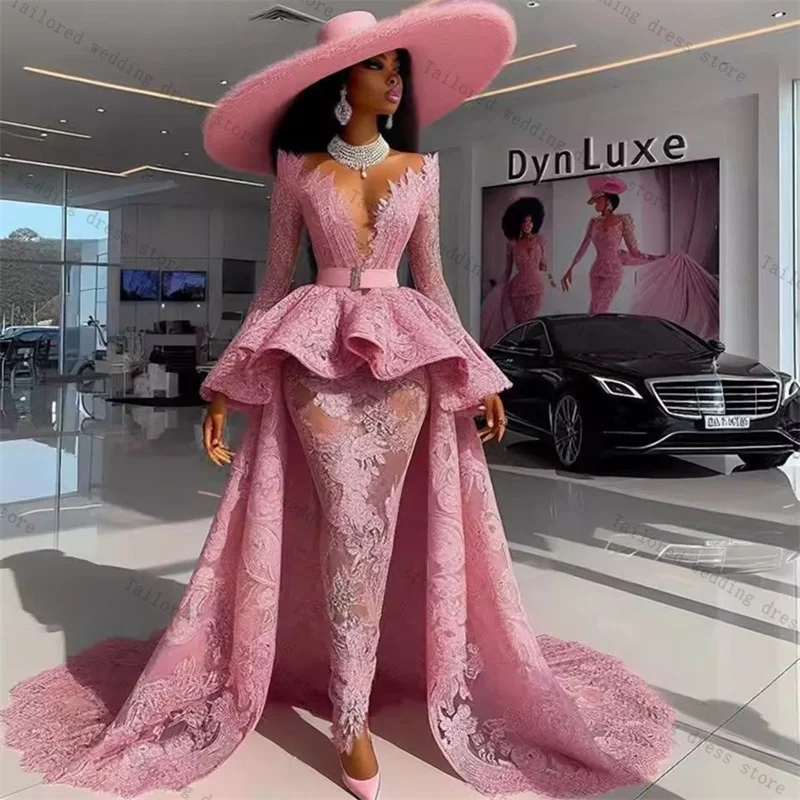 

Pink Prom Dress Overskirt Sexy V Neck Full Sleeves Belted Bridal Evening Gown Customized Lace Up Back Long Birthday Robe