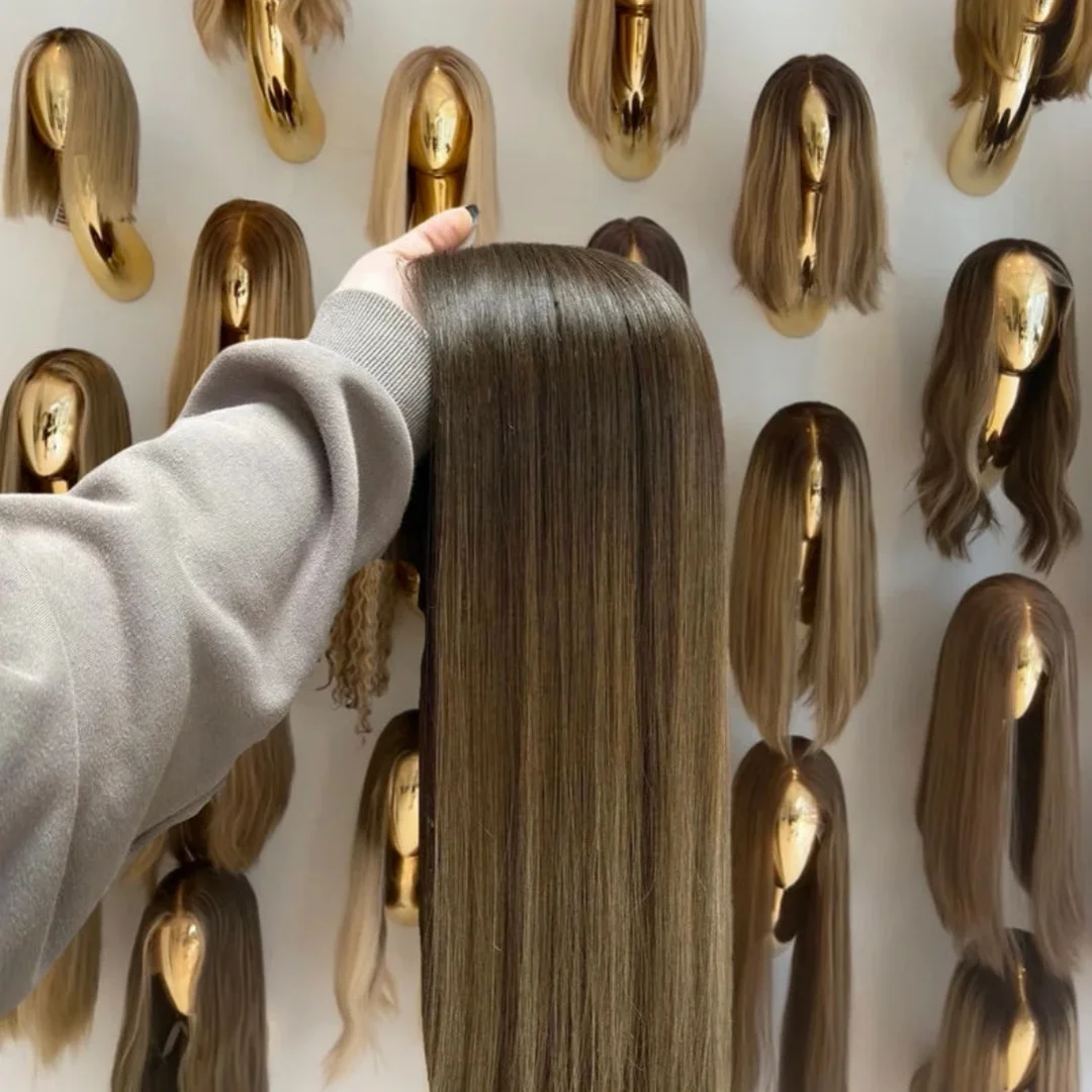 

Mix Color Natural Straight Synthetic Wigs With Dark Roots Highlight Chestnut Brown HD Transparent Lace Wigs High Density Fiber