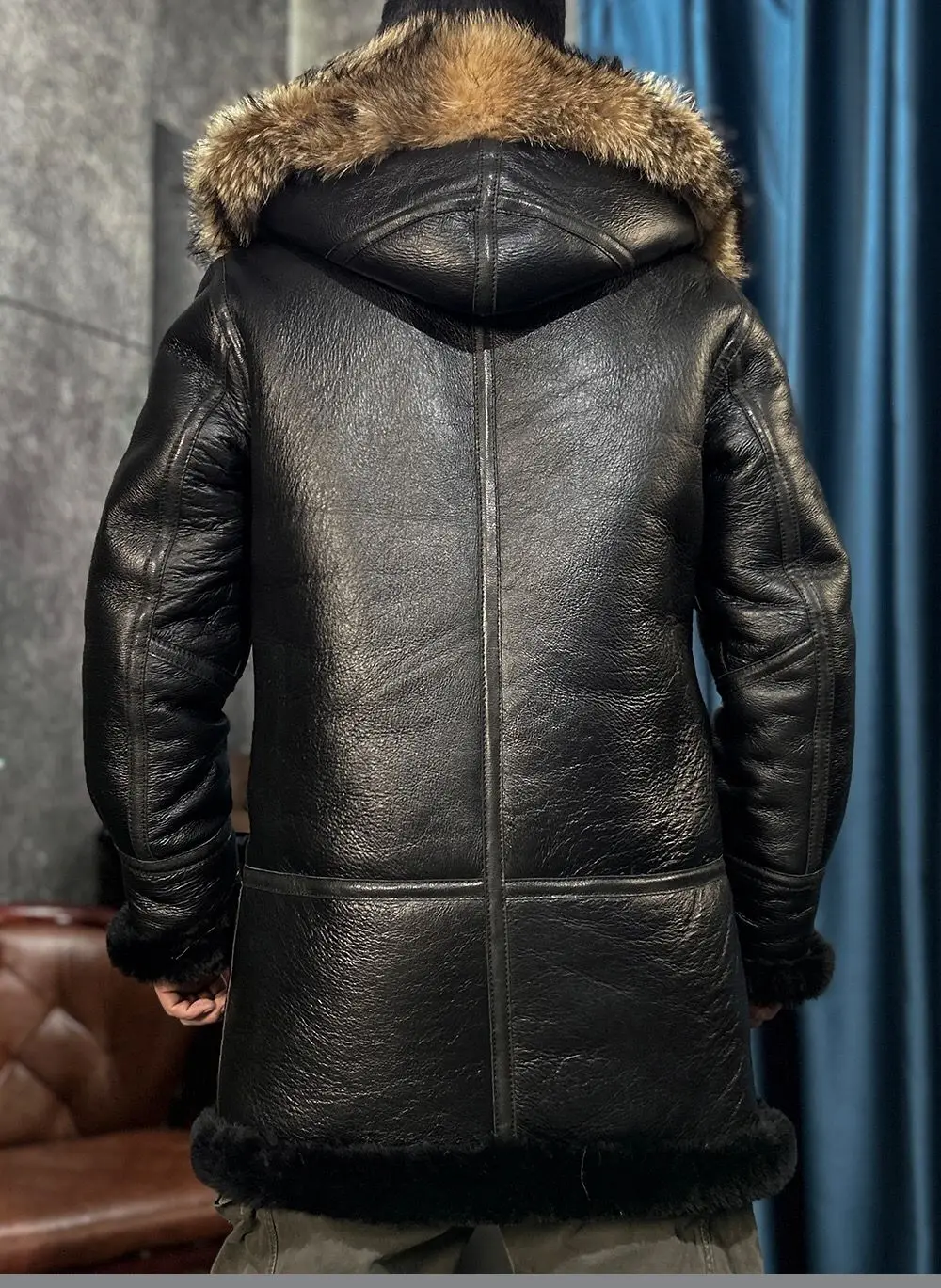 Men\'s Winter Long Coat Genuine Leather Real Sheepskin Shearling Jacket Thick Warm Wool Liner Raccoon Fur Hood Black Big Size 62