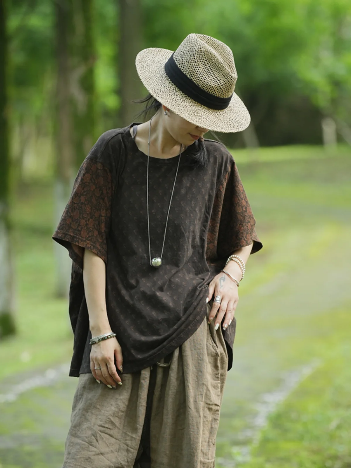 

New Summer Casual Cotton ort Sve T-irt Print Patchwork Women's round Ne Regular Length Top by Pengpenghome