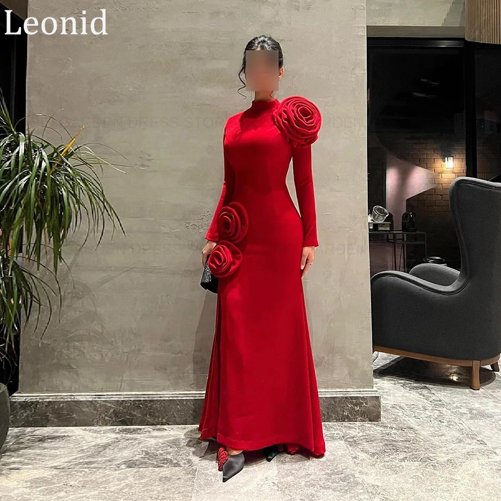 LEONID Muslim Red Elegant Party Evening Gowns 2024 Mermaid High Neck Pleated 3D Flowers Long Formal Occasion Dresses Prom Dress