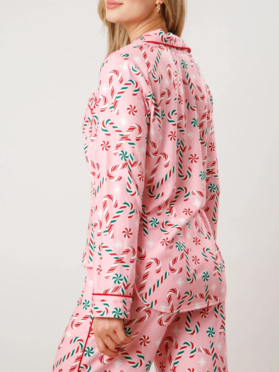 Women s 2 Piece Lounge Set Long Sleeve Candy Cane Santa Claus Print Shirt Wide Leg Pants Sleepwear Sets