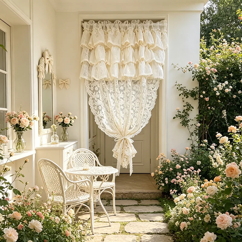 1PC French Retro Palace Style Flower Embroidery Tulle Curtain with Ruffled Top for Living Room Bedroom Door Excluding Tie Back