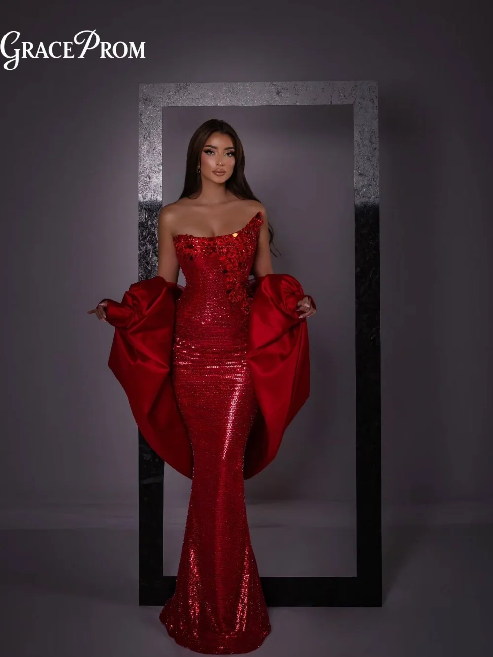 Luxurious Fuchsia Crystal Beaded Evening Gown Asymmetric Neckline And 3D Appliques Party Dress For Wedding Guests فساتين سهرة