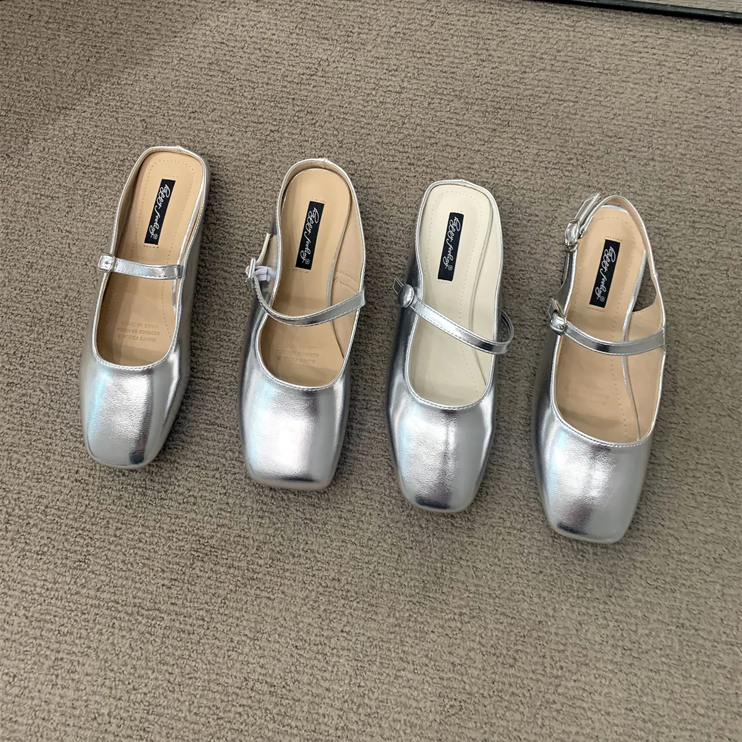 Bailamos Women Fashing Silver Slippers Ballet Flats Shoes Square Toe Shallow Slip On Ladies Sandals Soft Slides Zapatos Mujer 40