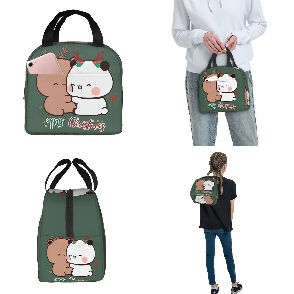 BuBu Panda DuDu Bear Christmas Love Insulated Lunch Bag Cooler Bag Lunch Container Xmas Cute Tote Lunch Box Food Storage Bags