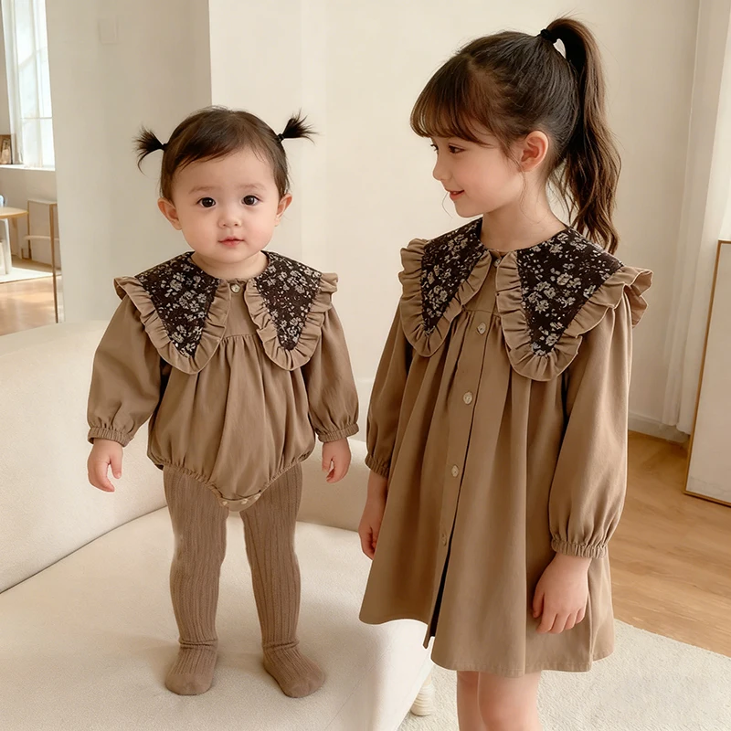 

0-6Y New Spring Retro Lapel Sister Dress Girl Party Brown Cotton Kids Dress Long Sleeved Princess Dress Baby Girl Sweet Romper