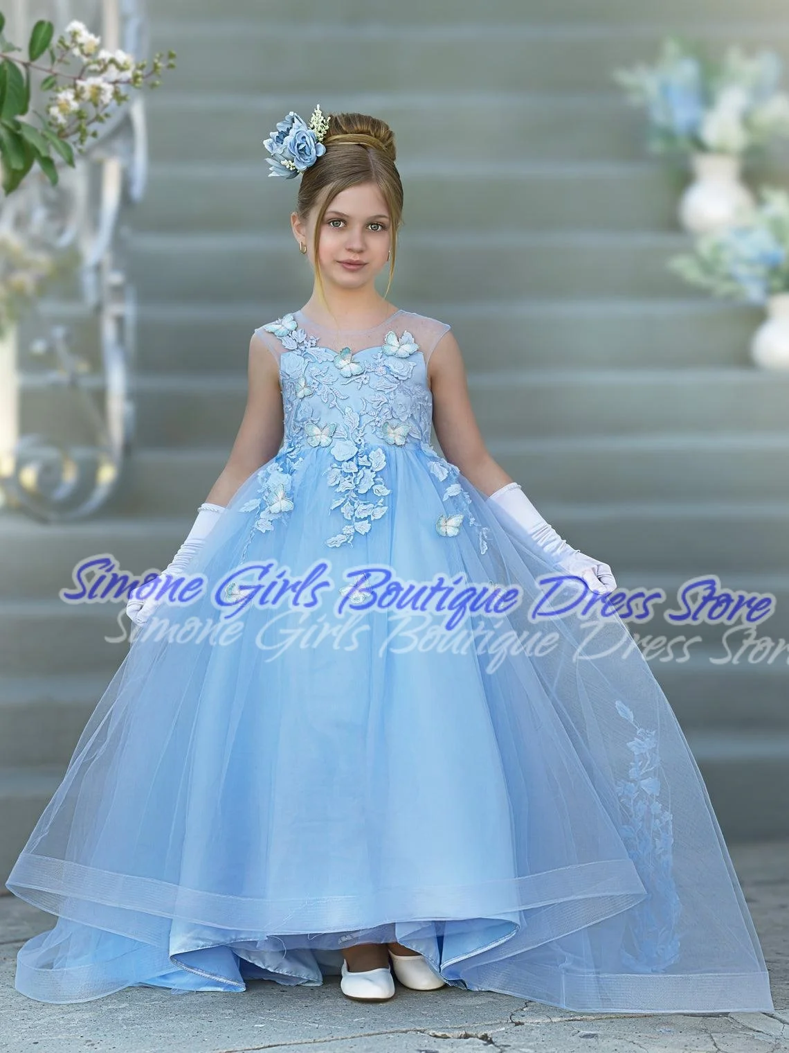 Sleeveless ball gown Blue patterned princess dress Flower Girl Dress for Birthday party dance Performances Formal Receptions