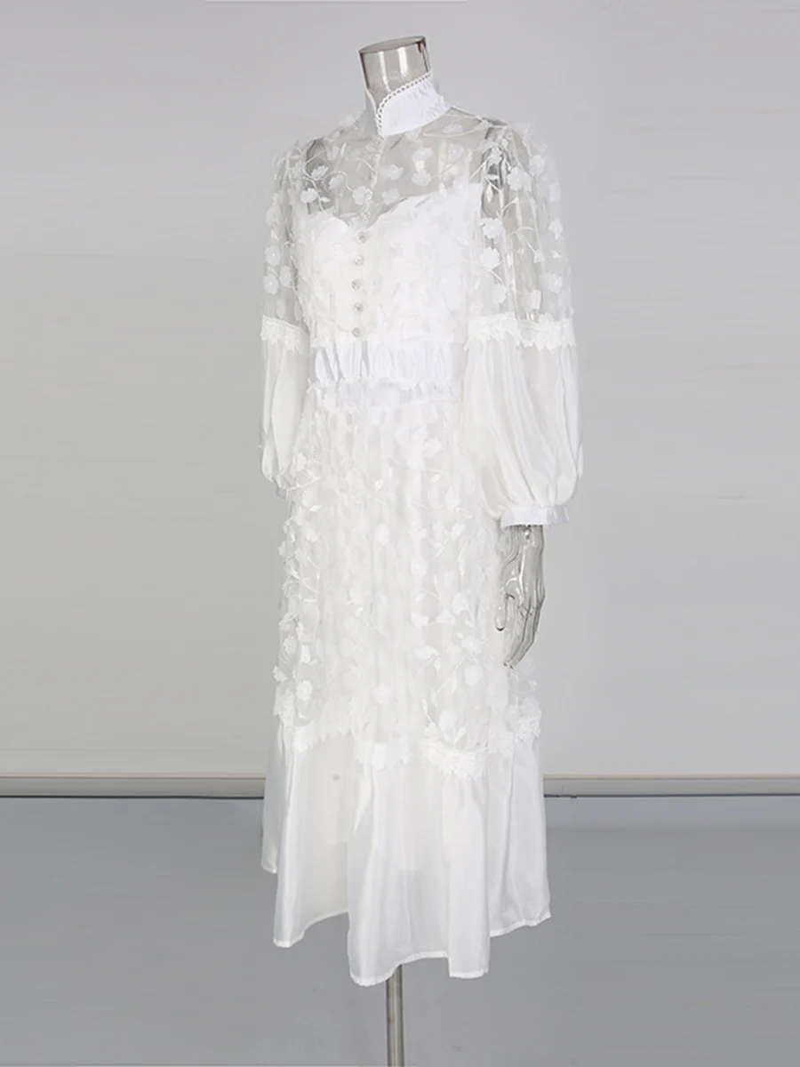 ชุดเดรสปักลายสีขาว CHICEVER สำหรับผู้หญิง คอตั้ง แขนยาว ทรงหลวม ผ้าโปร่ง แต่งผ้าต่อกัน ดีไซน์หรูหรา แฟชั่น