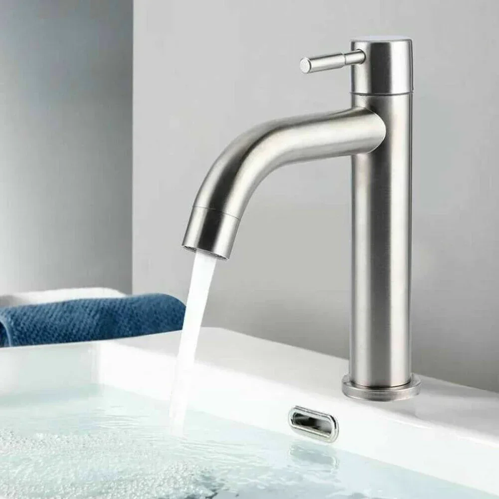 Counter Basin Faucet Stainless Steel Silver Single Cold Sink Faucet Bathroom Fixture Accessories And Parts Replacement