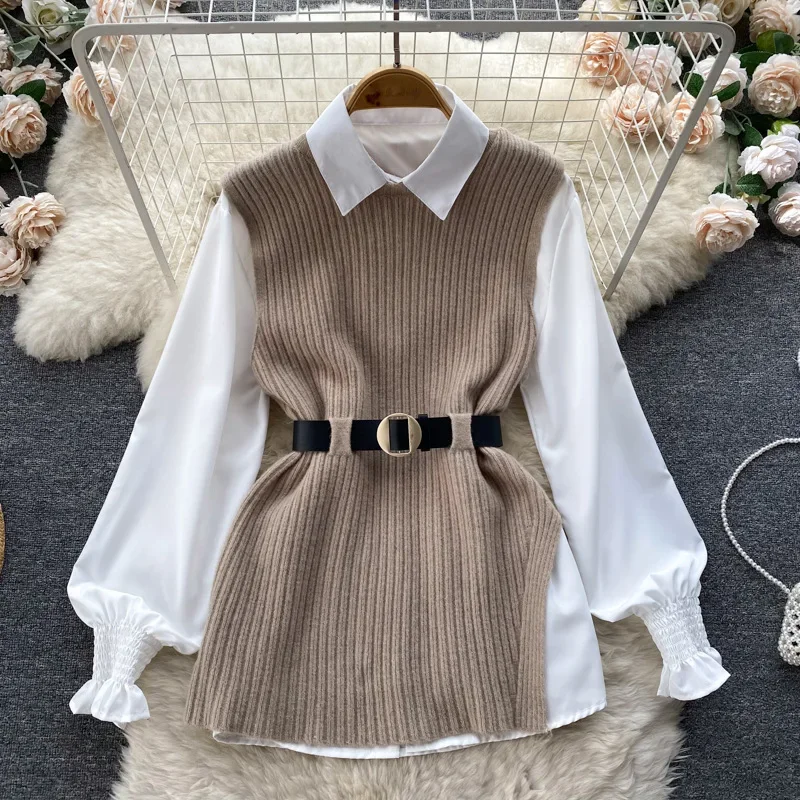 2024 Light Luxury Ladies Dress Set Women\'s Loose Long-sleeved White Shirt Top + Slit Knitted Vest Vest Two-piece Set A646