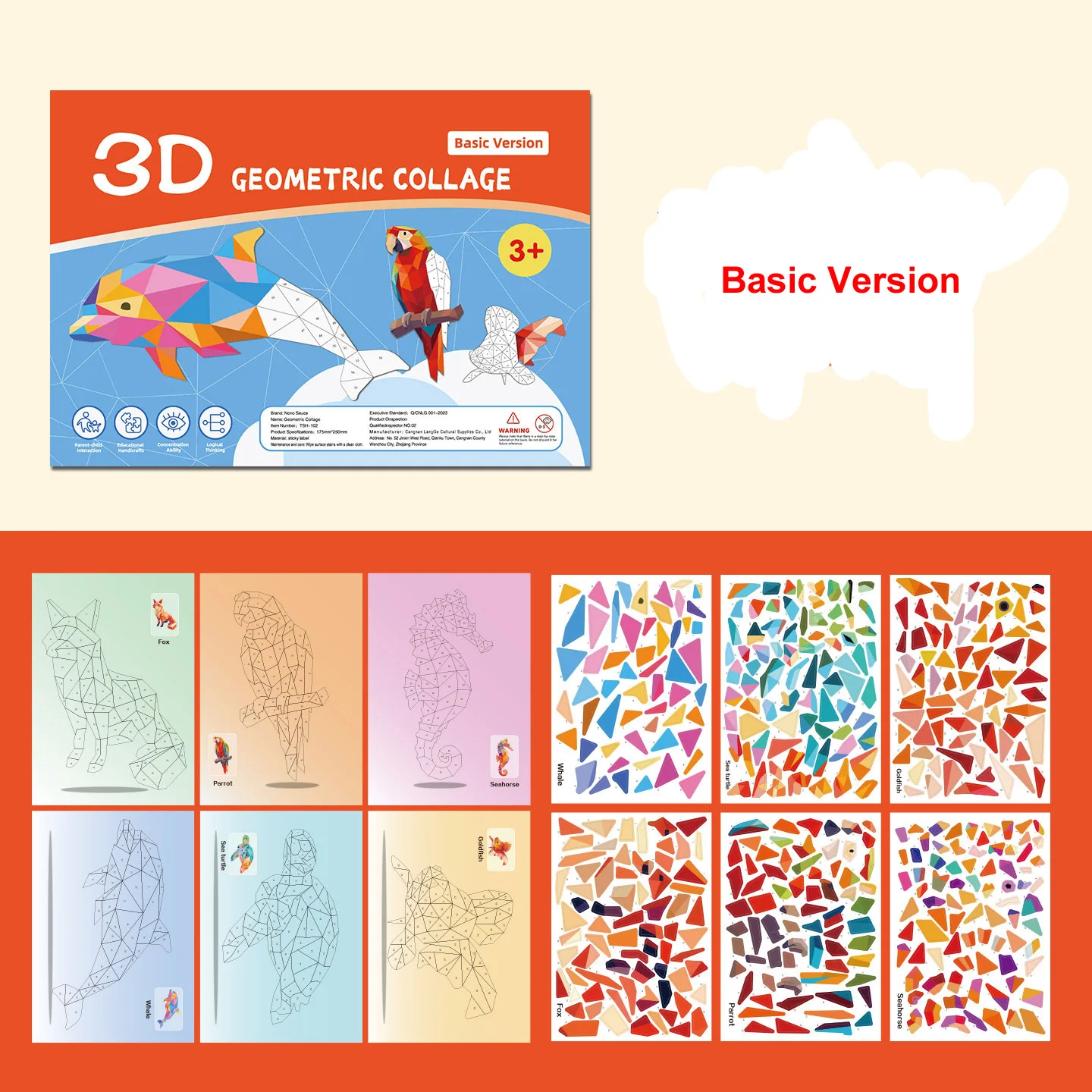 Handgemaakte stickers Dieren Cognitieve 6 Geometrische Collages Kinderpuzzel Verbeter de focus Training Verlichting Speelgoedstickers