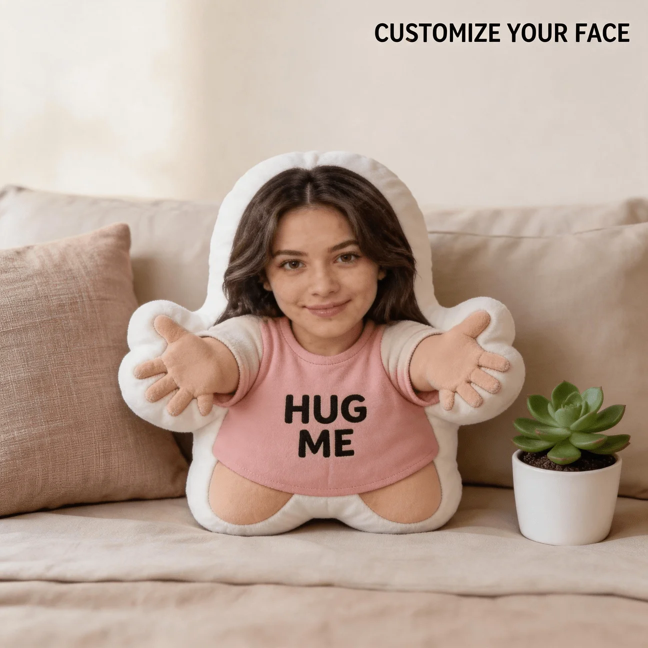 Coussin personnalisé avec photo, motif visage amusant, design personnalisé, coussin décoratif de 60 cm, grand coussin décoratif, Su