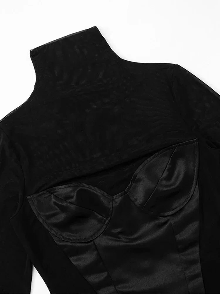 Mode Pullover Sexy Frauen Mesh Rollkragen Langarm Satin Cut Out Kleid Bodycon Kurze Club Abend Mode Party Kleid 2025,
