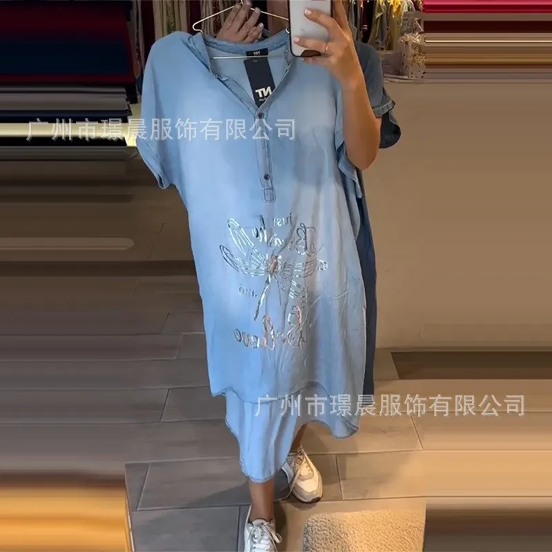 Lässige blaue Hemdkleider für Damen, kurzärmelig, Libellen-Druck, Knopfkleid, 2025, Frühling, Sommer, lose Kleider, weiblicher Bürorock