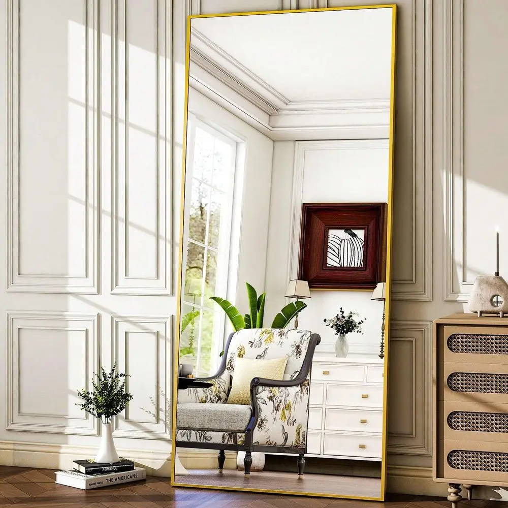 

X26 Full Body Floor Mirror With Stand, Gold Aluminum Alloy Frame, WallMounted Or Leaning Mirror, Living Room Bedroom Home Decor,