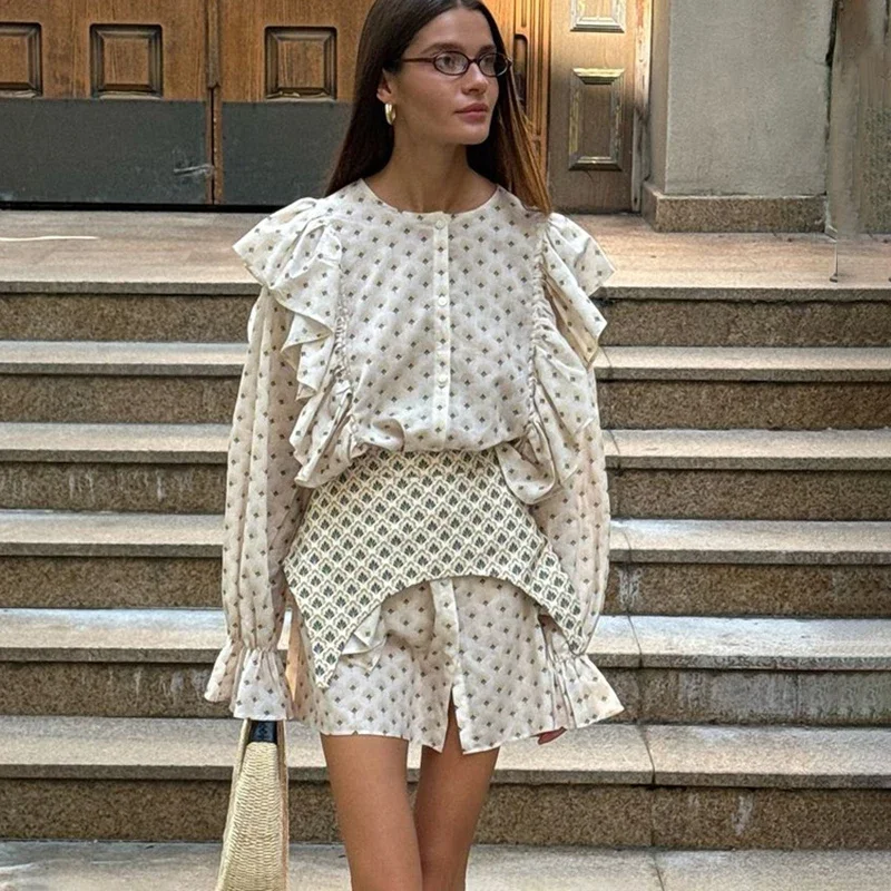 

Ruffled Flowers Mini Dress Woman Flare Long Sleeve Shirt Dress With Waist Seal High Waist Slim Office Lady Casual Dress