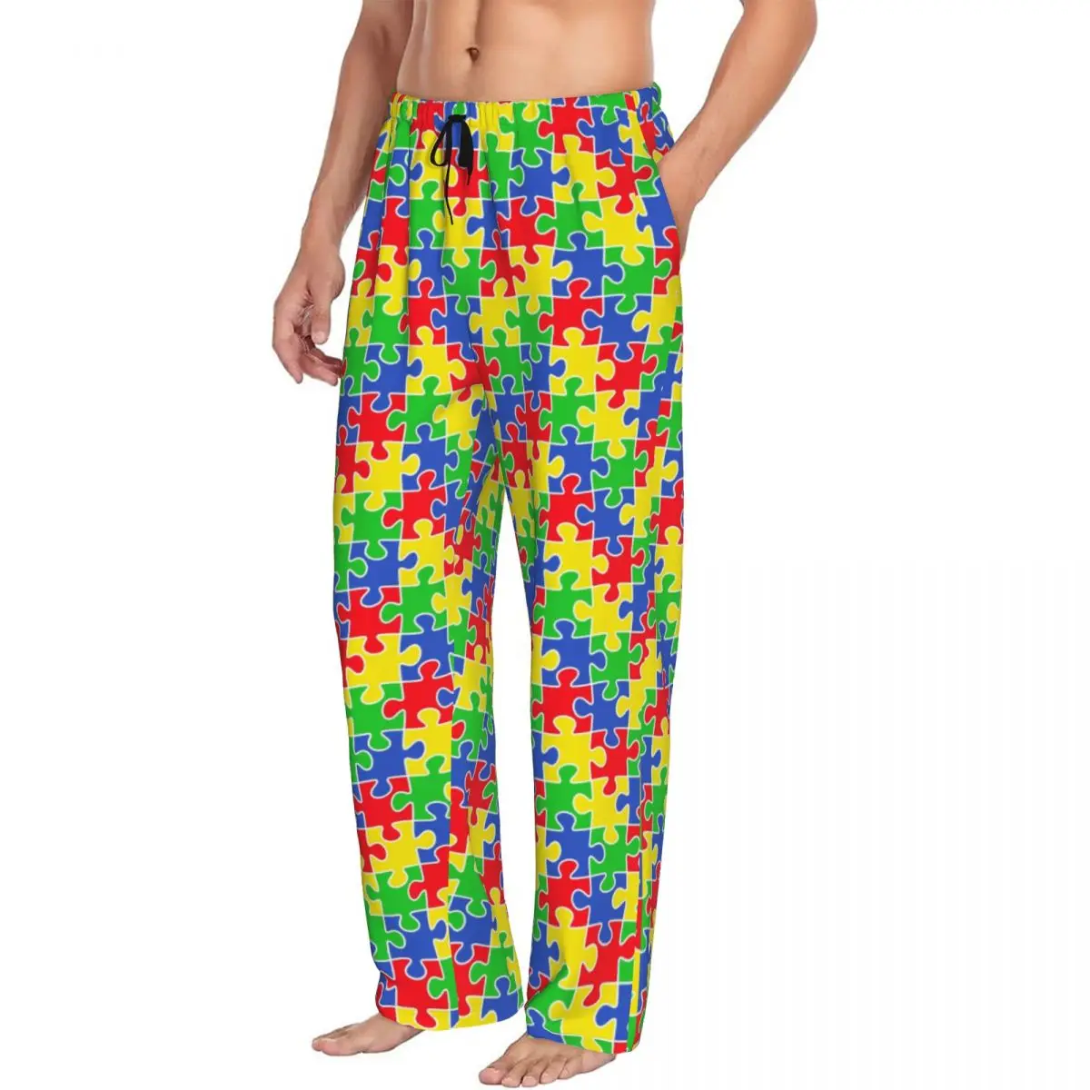 Benutzer definierte bunte Puzzleteile Autismus Bewusstsein Pyjama hose Männer Lounge Schlaf Kordel zug Nachtwäsche Hosen mit Taschen