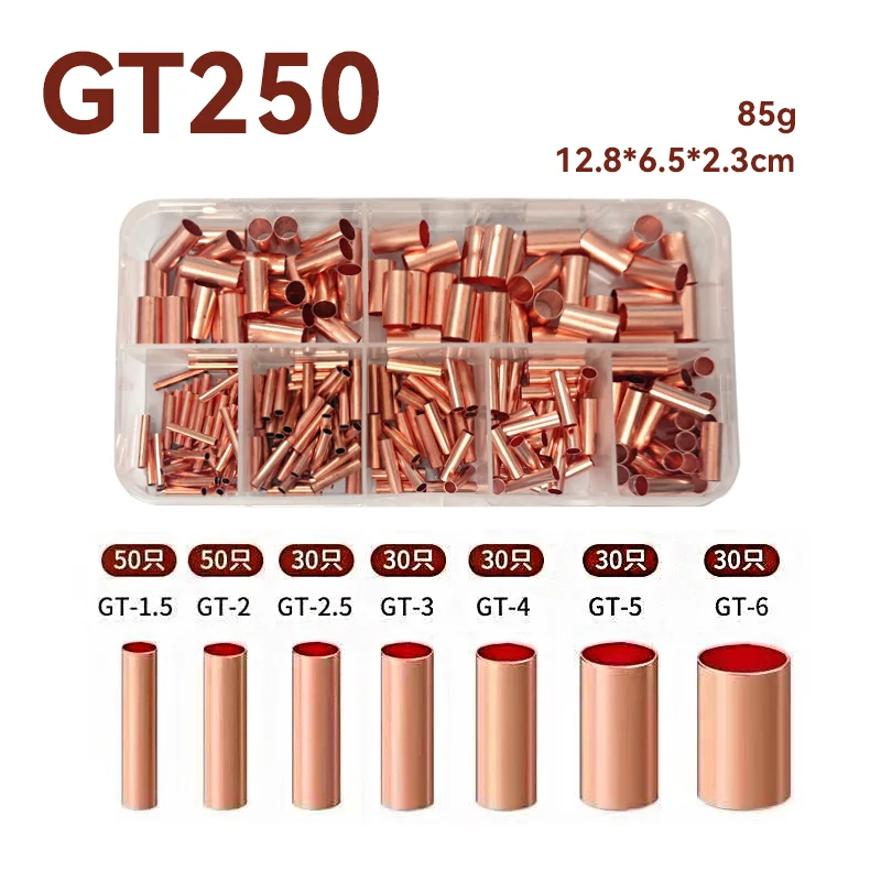 

250Pcs Wire Ferrules Kit 7 Size Copper Crimp Connector Non Insulated Electrical Butt Terminal Assortment Kit