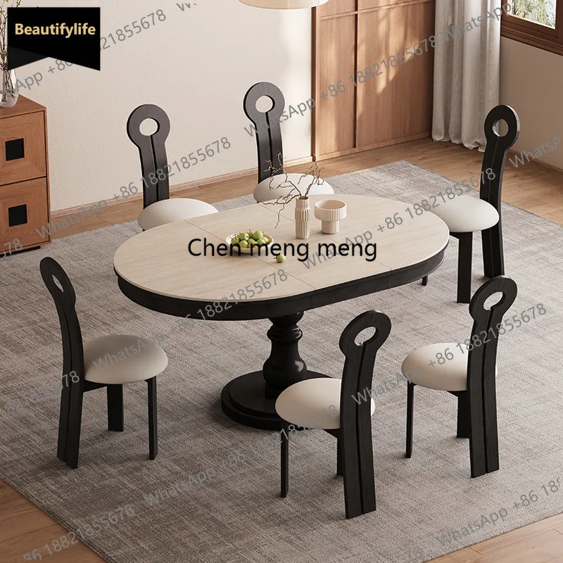 

b567 Medieval travertine rock slab dining table retractable round table French small apartment household
